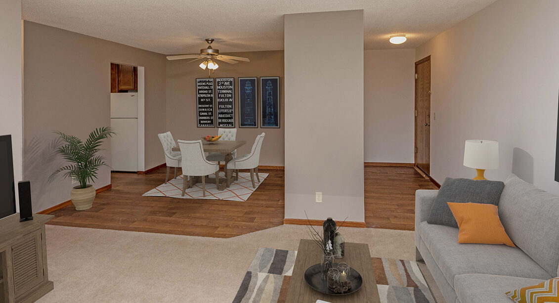 The Elm (2 Bedroom): Wood-look flooring in entry and large dining area