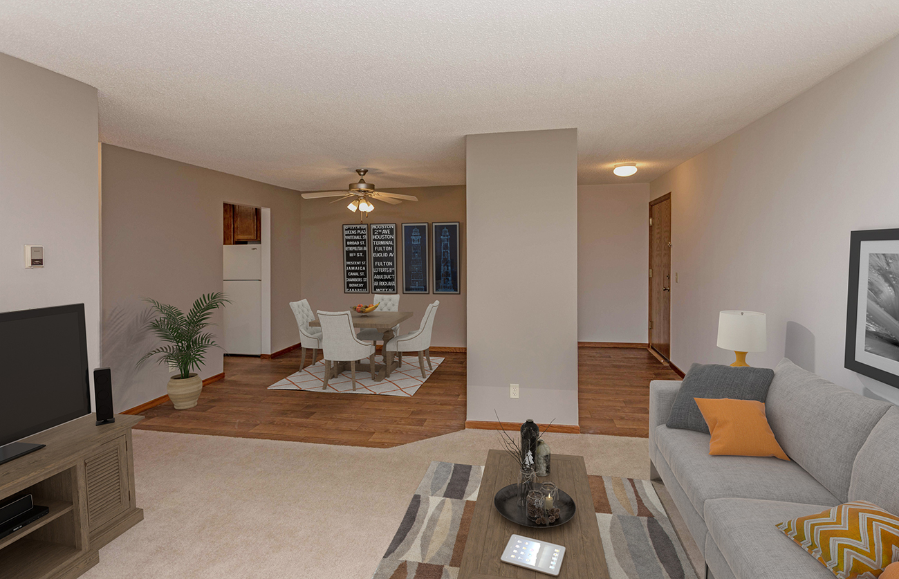 The Elm (2 Bedroom): Wood-look flooring in entry and large dining area